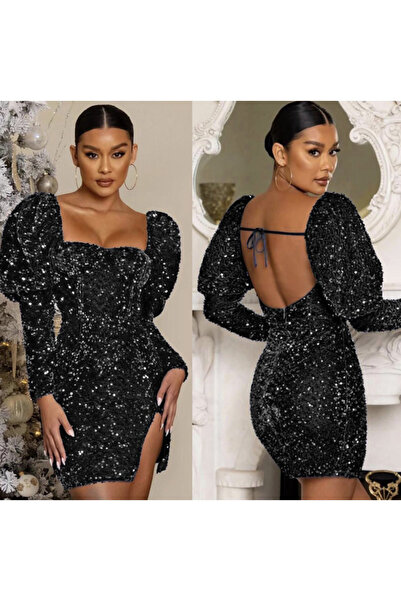 serkan Μπαλόνι μανίκι, φόρεμα με παγιέτες χαμηλού κοψίματος στην πλάτη - Μαύρο