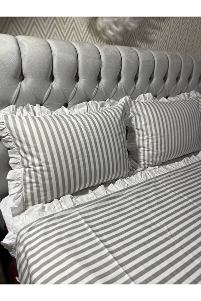 calinahome Gray color Striped Ruffle Duvet Cover set