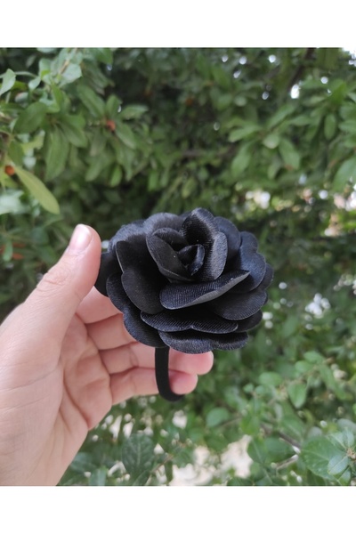 MutluBiDünya Vintage Siyah Renk Lastikli Saten Gül Toka