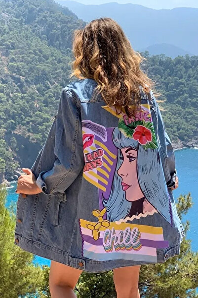 poupee Jachetă de blugi Plus Size pentru damă, Jachetă de blugi cu imprimeu pe spate, Jachetă de damă Plus Size