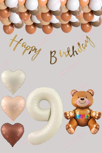 Party City Σετ γενεθλίων 9 ετών Κρέμα αλουμινόχαρτο, πανό καλλιγραφίας, μπαλόνι με αλουμινόχαρτο καρδιάς