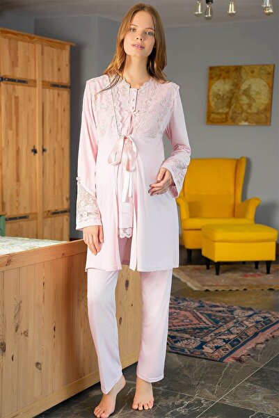 B One Kadın Pudra Dantel Sabahlıklı Lohusa Pijama 5101