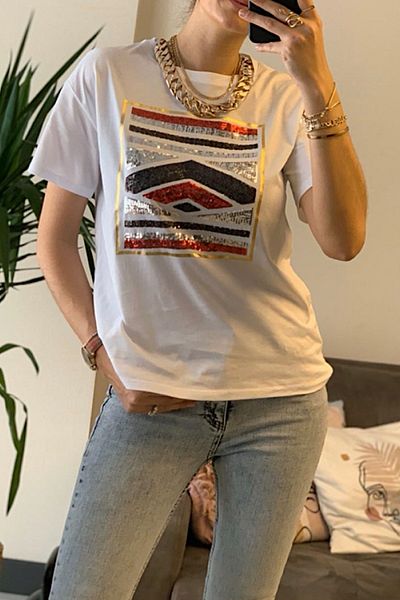 FEMELLE Tricou alb din bumbac brodat cu paiete în față pentru femei