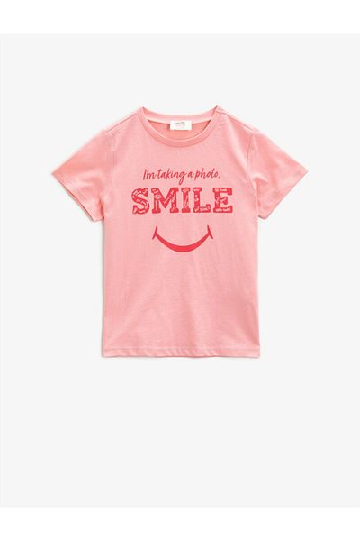 Koton Tricou din bumbac, cu mânecă scurtă, cu imprimeu roșu, cu decolteu triplu
