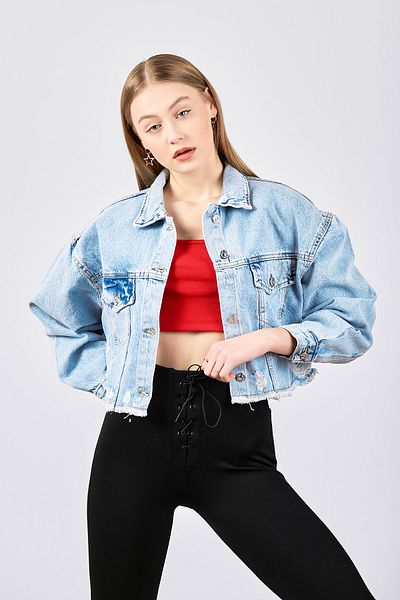 ladyzey Jachetă de damă, albastră, supradimensionată, din denim