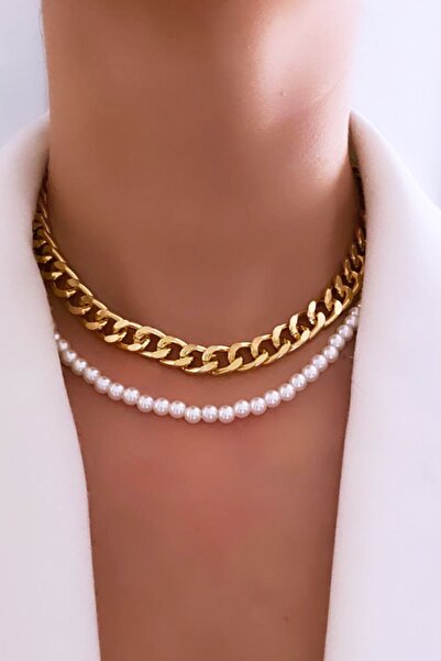 Clare's Store قلادة بصف مزدوج من اللؤلؤ والسلسلة