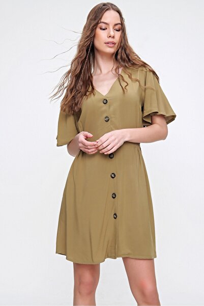 Trend Alaçatı Stili Γυναικείο φόρεμα με υφαντό χακί μέσης ALC-X6252 με λαιμόκοψη V