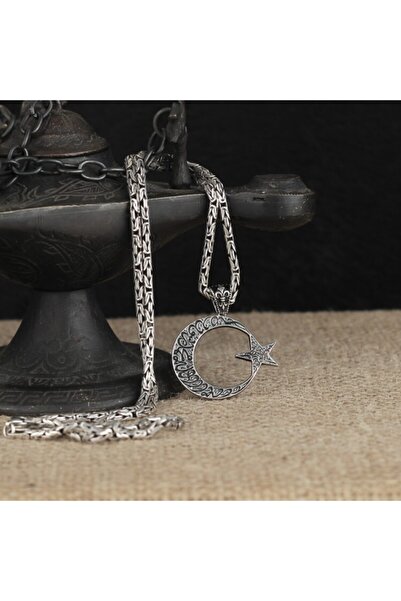 Takılingo 925 Ayar Gümüş Kelime-i Tevhid Ay Yıldız Kral Zincir Erkek Kolye