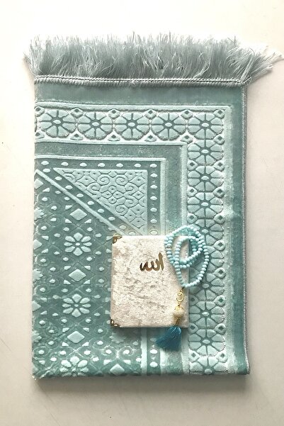 Kardelen Turkuaz Lüks Kadife Seccade ,kristal Tesbih,kadife Yasin