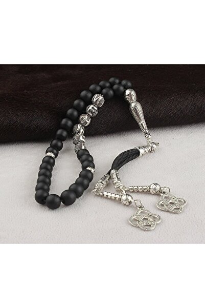 TAKI925 Silver Name Written Metal Tasseled Matte Onyx Stone Rosary