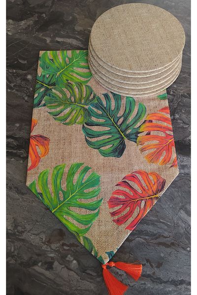 dehaberk Camel Patterned Runner + 6 Pieces Wicker Patterned Placemat Set