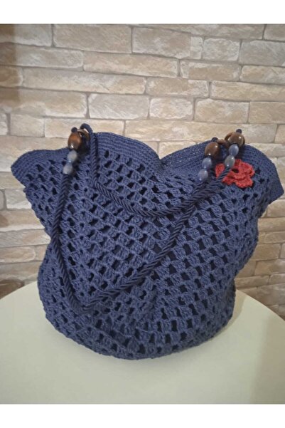 Üçbey Women's Navy Blue Handcrafted Paper Rope Shoulder Bag