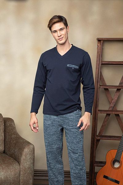 KLY Ανδρικό Σετ Πιτζάμες Navy Blue Πολύ Άνετο με V λαιμόκοψη