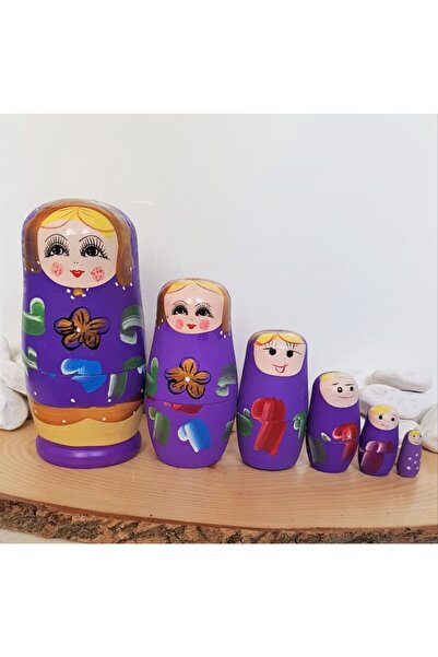 miski alem Ahşap Mor Matruşka Bebek 6'lı