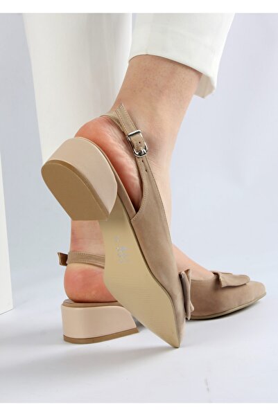 FORS SHOES Women's Beige Suede Bow Open Back Short Heeled Shoes 3.5 cm