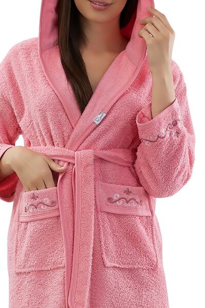 RAMEL Women's Pink Mini Bathrobe with Piping and Embroidery Detail Code 419