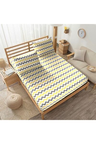 MERTİM Double 160x200 Fitted Sheet Set - Yellow Zigzag Pattern