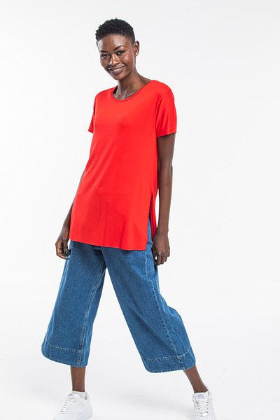 The Base Women's Red Viscose Fabric Crew Neck Basic Slit T-Shirt