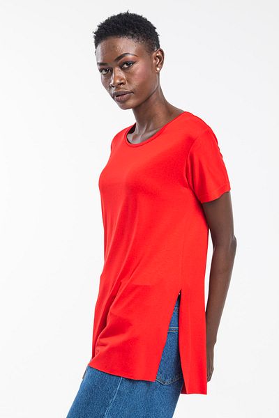 The Base Women's Red Viscose Fabric Crew Neck Basic Slit T-Shirt