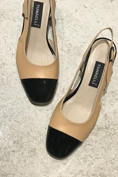 TUNAELLİ Women's Black Camel Leather Heeled Shoes