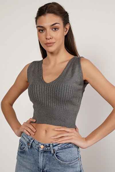 Trist Star Тъмносив плетен потник от 100% органичен памук и ликра