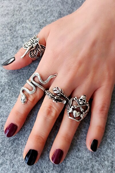 Fildişi Aksesuar Antik Gümüş Kaplama Ejderha - Yılan - Kurukafa - Kadın Şekilli Ayarlanabilir Yüzük Seti