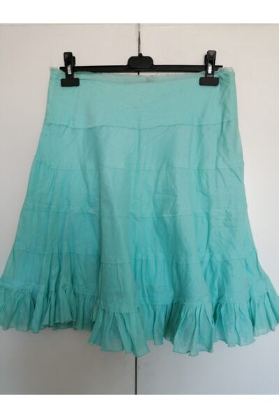 Butik Tülin Otantik Pamuk Turkuaz Katlı Parçalı Kısa Etek