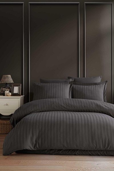 İyi Geceler İstanbul Stripe Satin Double Duvet Cover Set Smoked