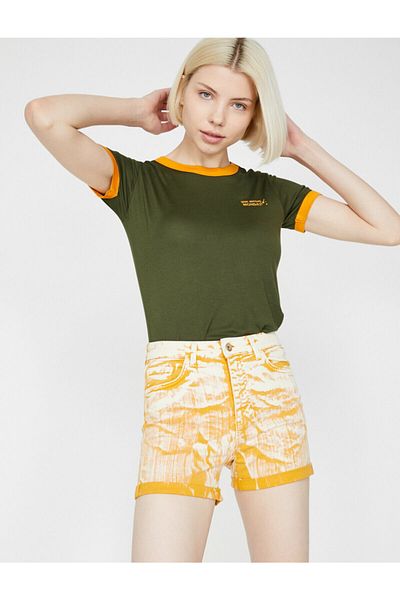 Koton Women's Yellow Normal Waist Pocket Detailed Patterned Jean Shorts 9YAK47164MD