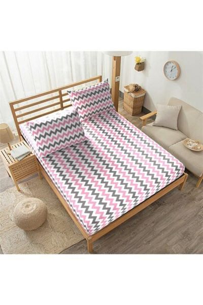 mer-tim ezberbozan ev tekstili Mer-tim Cotton Ranforce Double Jumbo Size 200x200 Elastic Sheet Set - Pink Zigzag Pattern