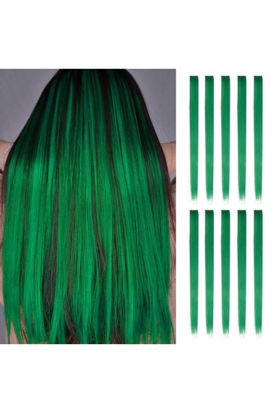 gaman Colorful Clip-on Synthetic Hair Wig Plug-in Snap Fastener Long Straight 6 Pieces Green