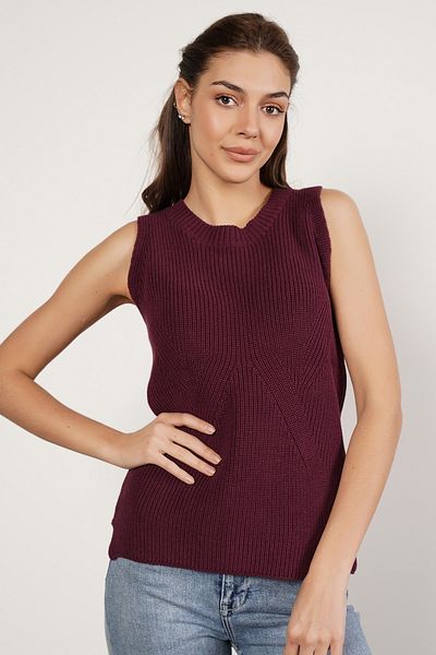 Trist Star Claret Red 100% Organic Cotton Thessaloniki Knit Slit Crew Neck Knitwear Sweater Blouse