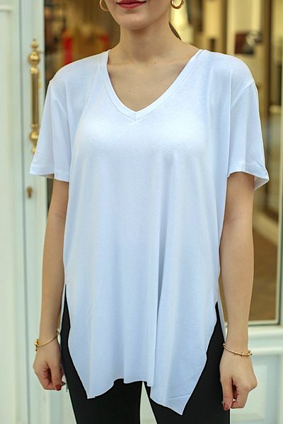FEMELLE Tricou alb din lycra viscoză cu decolteu în V - Fante laterale