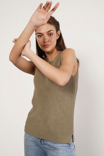 Trist Star Khaki 100% Organic Cotton Thessaloniki Knit Slit Crew Neck Knitwear Sweater Blouse