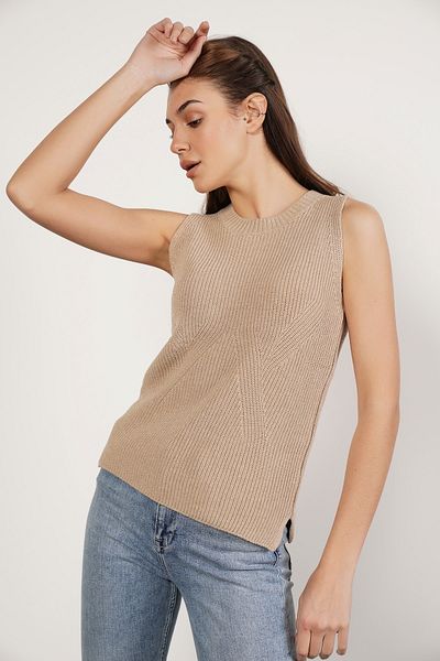 Trist Star Beige 100% Organic Cotton Thessaloniki Knit Slit Crew Neck Knitwear Sweater Blouse