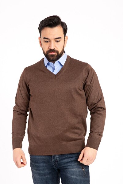 NACAR STORE Men's Brown Thin Wool Knitwear V-Neck Knitwear Sweater