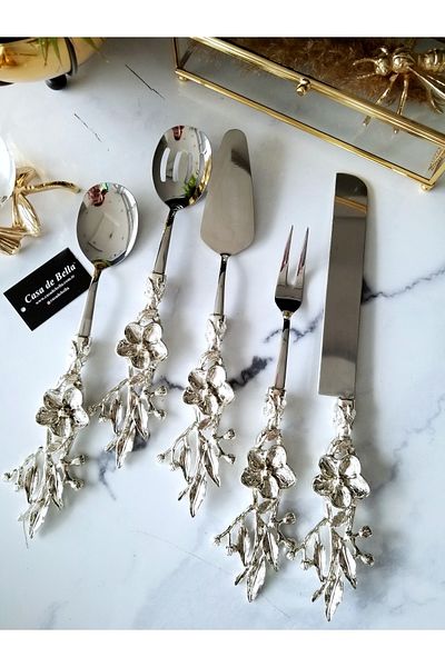 CASA DE BELLA 5 Piece Flower Patterned Silver Handle Service Set