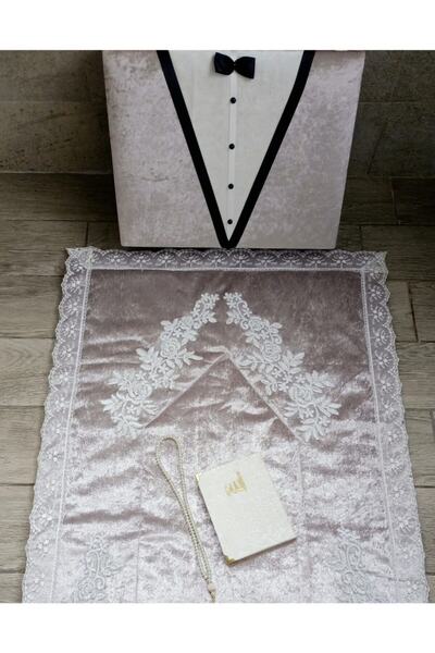 Lamazihome Sandıklı Damat Gri Kadife Seccade Seti 4 Parça Fransız Dantelli Bo...