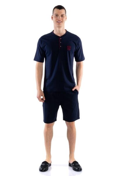 D'S Damat Erkek Lacivert 3'lü Kısa Kol Erkek Pijama Takımı