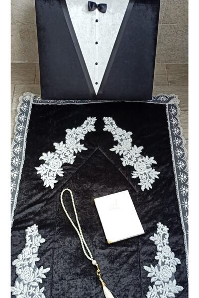 Lamazihome Sandıklı Damat Siyah Kadife Seccade Seti 4 Parça Fransız Dantelli ...
