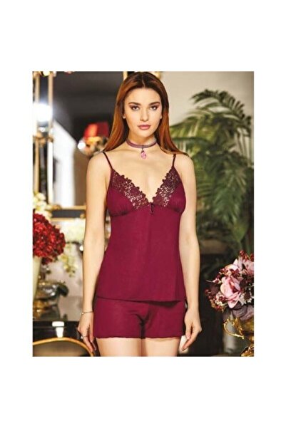 Jeremi Kadın Bordo Penye Dantelli Kısa Altılı Set Takım