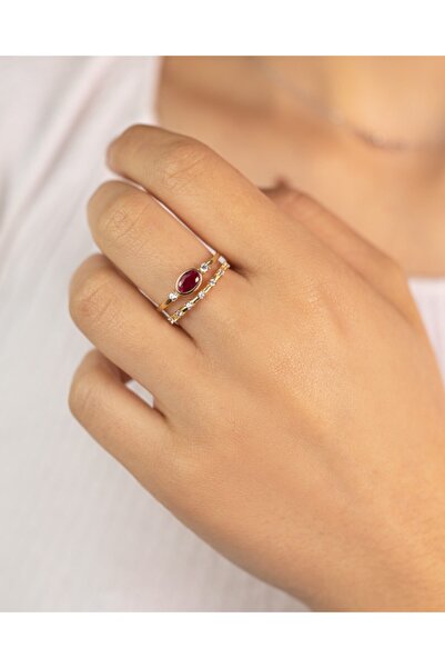 YAVUZ KUYUMCULUK Altın Bordo Çift Kollu Twin Yüzük