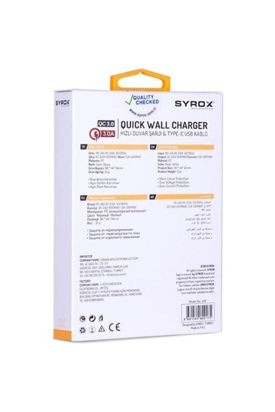 Syrox Xiaomi Redmi Note 9 Pro Type-c Şarj Cihazı 3.0a Hızlı Şarj Aleti Adaptör+Kablo Set halinde.