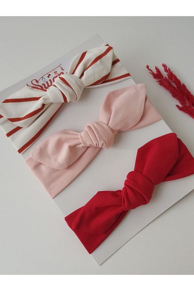 swan butik Κοριτσίστικο Baby Bandana Σετ αγκράφες 3 τεμαχίων Λευκή ριγέ πούδρα Ροζ, Σκούρο Κόκκινο