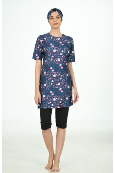 Fantasy 3092 Printed Pattern Half Sleeve Indigo Hijab Swimsuit