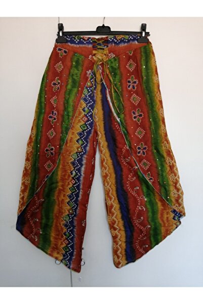 Butik Tülin Kadın Otantik Pamuk Çok Renkli Desenli Pul Nakışlı Şalvar Pantolon