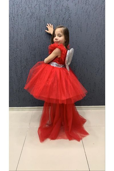 Sare Çocuk Giyim Βραδινό φόρεμα με κόκκινη πλάτη Angel Wings με μακριά ουρά Tutu με βαμβακερή επένδυση