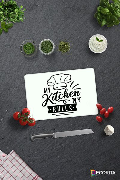 Decorita My Kitchen My Rules - 20cm X 30cm White Background Glass Cutting Board