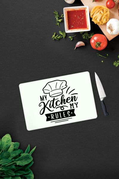 Decorita My Kitchen My Rules - 20cm X 30cm White Background Glass Cutting Board