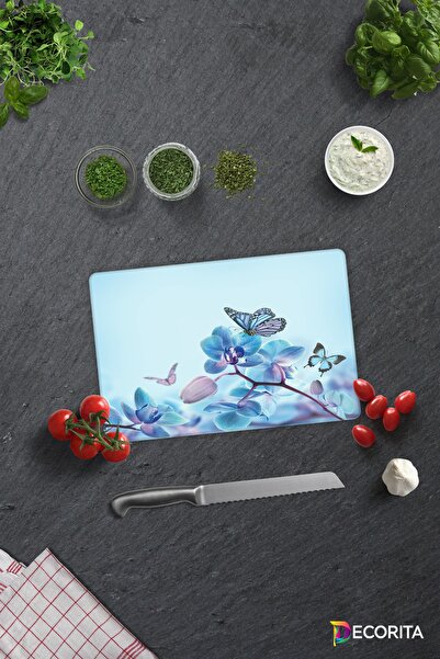 Decorita Mavi Çiçek Ve Kelebek Desenli | Cam Kesme Tahtası - Cam Kesme Tablas...